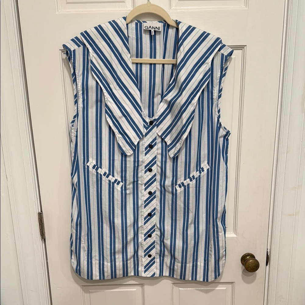 Ganni Striped Button Down Shirt in Blue and White